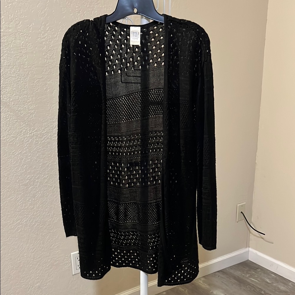 Time and Tru Black Cardigan Sweater with Intricate Knit Design